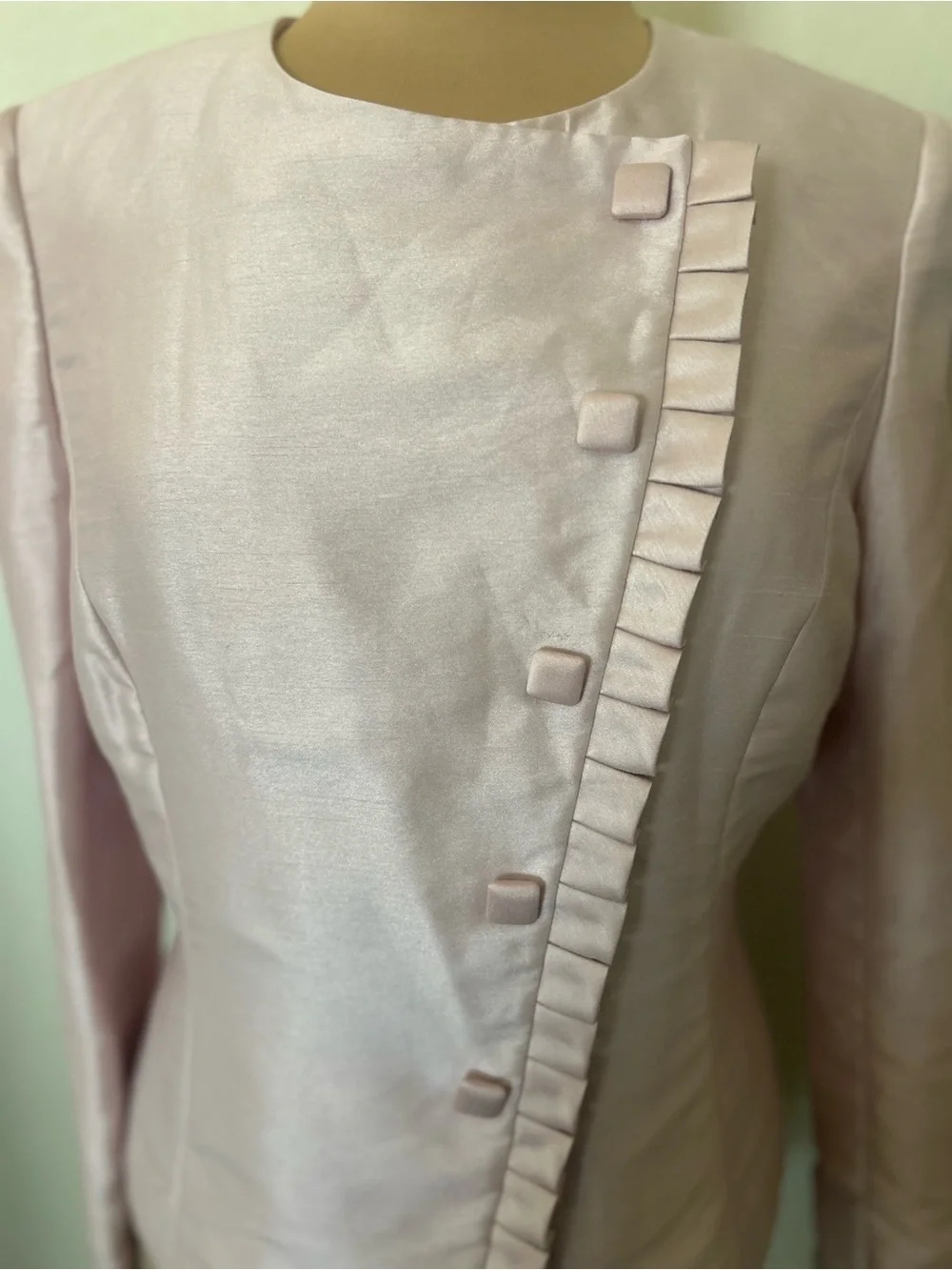 Tahari ASL Light Pink Ruffle-Trim Satin Blazer